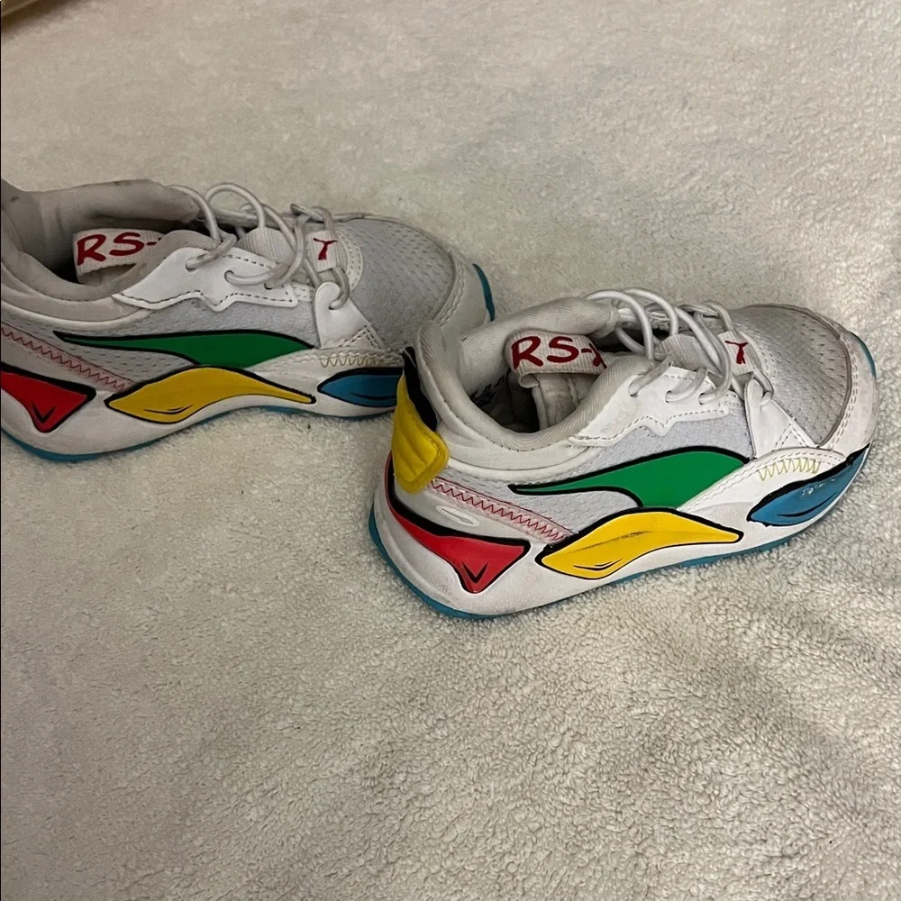 Puma Kids White Sneakers with Green, Blue & Yellow Accents